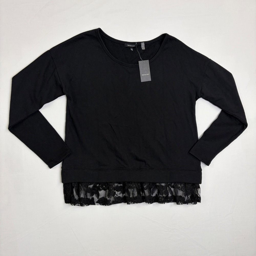 NWT Verve Ami Black Lace Trim Long Sleeve French Terry Sm. Whimsigoth Coquette